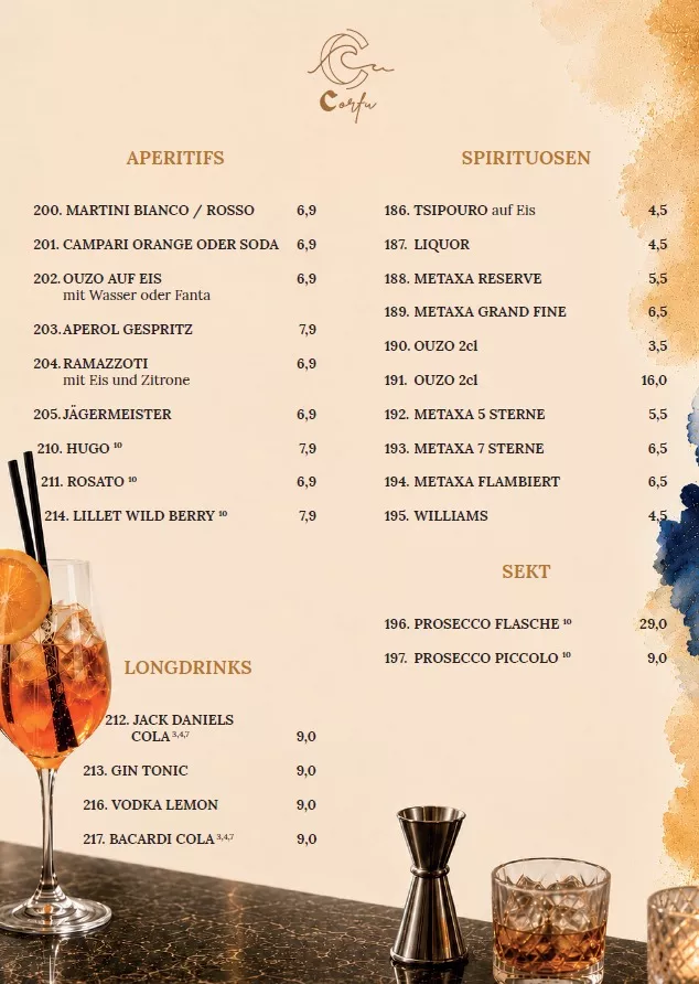 Aperitifs, Spirituosen, Longdrinks, Sekt